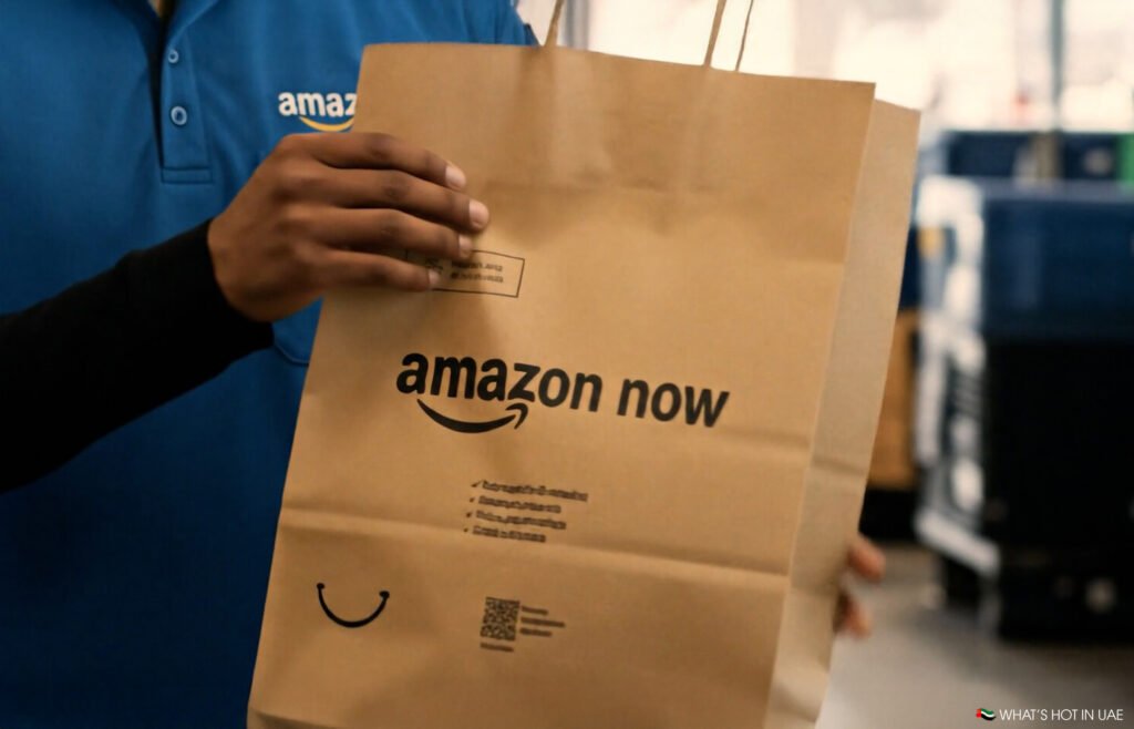 Amazon Now UAE: A person in a blue Amazon-branded shirt holding a brown paper bag labeled "amazon now."