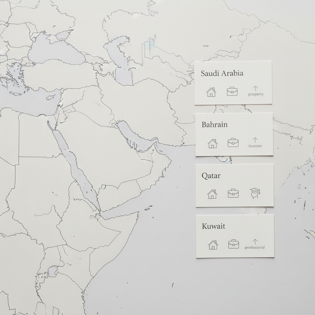 A map of the Middle East with four cards labeled "Saudi Arabia", "Bahrain", "Qatar", and "Kuwait" on the right side, each card featuring icons representing property, investment, and professional opportunities.