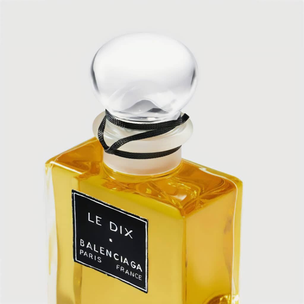 A bottle of Le Dix perfume by Balenciaga, featuring a transparent, rounded cap and a black label with white text on a rectangular glass bottle containing yellow perfume. part of the Balenciaga fragrance collection.