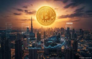 A digital artwork depicting a large Bitcoin symbol over a futuristic city skyline at sunset, with graphs and digital data overlays indicating financial markets.