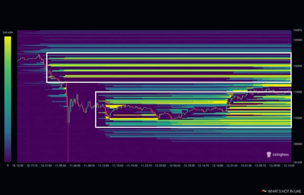 A heatmap graph from Coinglass showing cryptocurrency order book data with time on the x-axis and price levels on the y-axis, colored in shades of purple, blue, and yellow to indicate volume intensity. The chart displays rectangular boxes highlighting areas of interest at various price levels, suggesting strong trading activity.