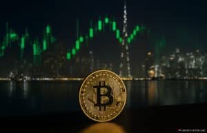 A Bitcoin coin displayed in front of a city skyline at night with illuminated buildings and a green stock chart overlay in the sky.