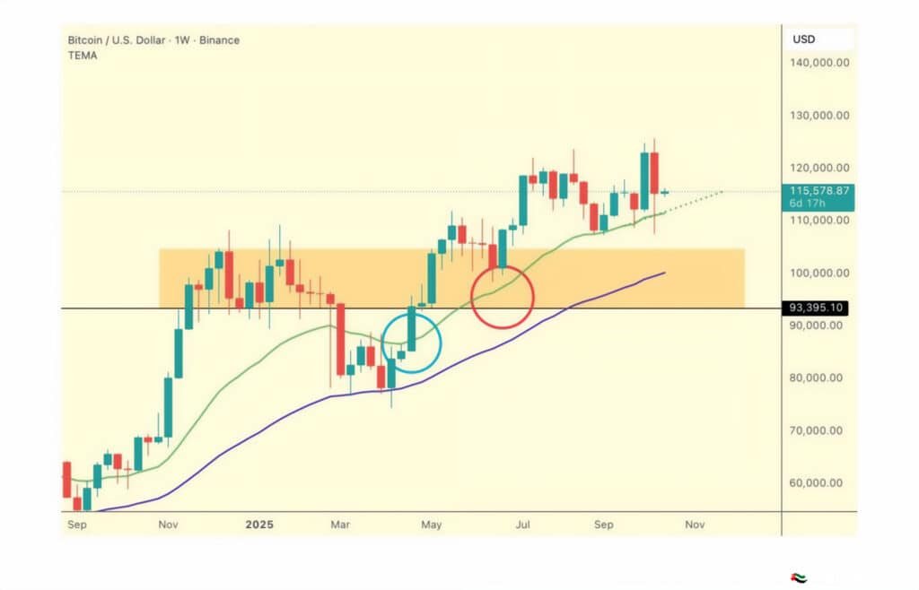 Bitcoin Price Prediction 2025: A Bitcoin/U.S. Dollar chart from Binance for weekly trading, showing price movements in 2025. The chart features candlesticks with a green and purple moving average line. Key areas are highlighted in orange, with a blue circle indicating an upward trend and a red circle indicating a downward trend. Price levels range from $60,000 to $140,000, with the current price marked at $115,578.87.