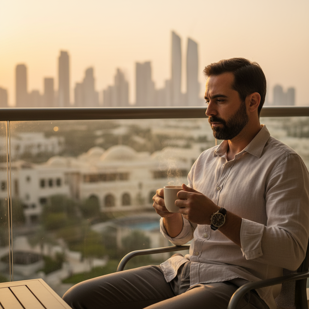 A man sitting on a balcony holding a steaming cup of coffee, with a modern city skyline visible in the background during sunset.