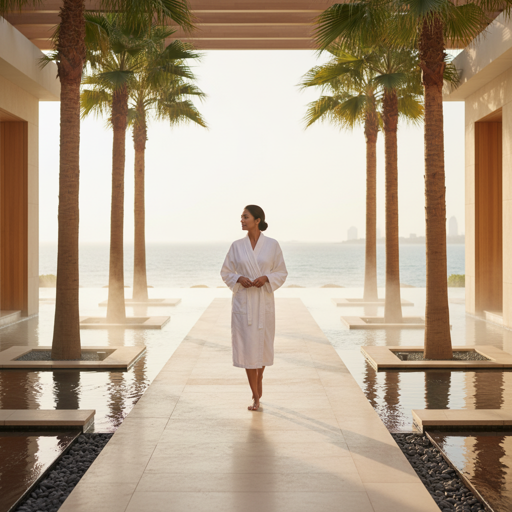 Burnout Treatment in the UAE: Your Complete Recovery Plan. A woman in a white robe walks between palm trees along a water-lined pathway, with a view of the ocean in the background.