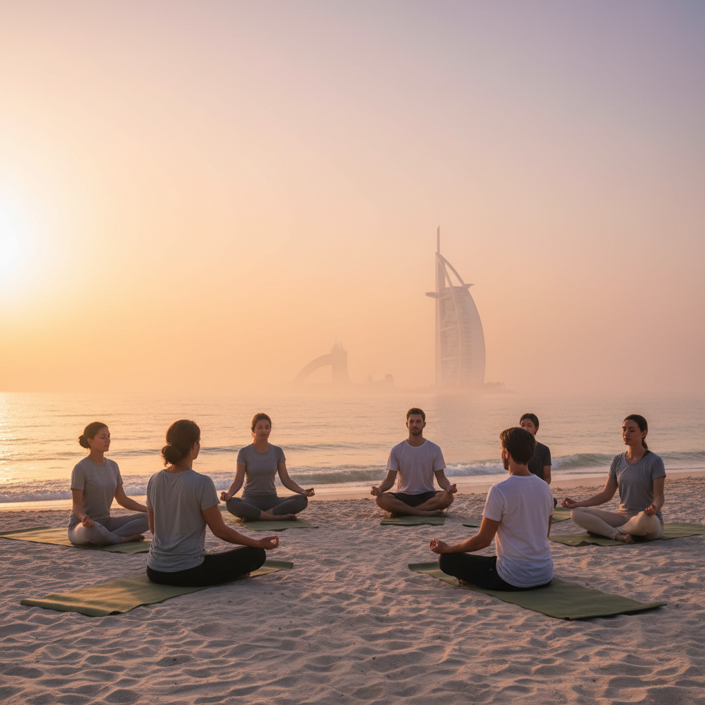 A group of people practicing yoga on a beach at sunrise with a modern building visible in the background.