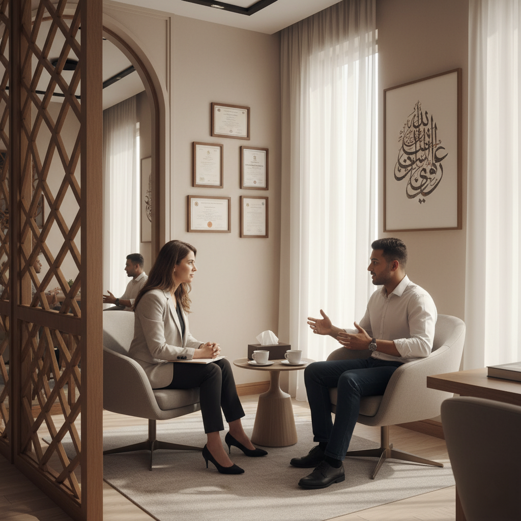 Burnout Treatment in the UAE: Your Complete Recovery Plan. A woman and a man sitting across from each other in a professional office setting, both engaged in conversation. The room has framed certificates on the wall and an elegant decor with light curtains allowing natural light to filter in. The woman is wearing a suit and the man is in a white shirt, both seated on comfortable chairs with a small table between them holding coffee cups.