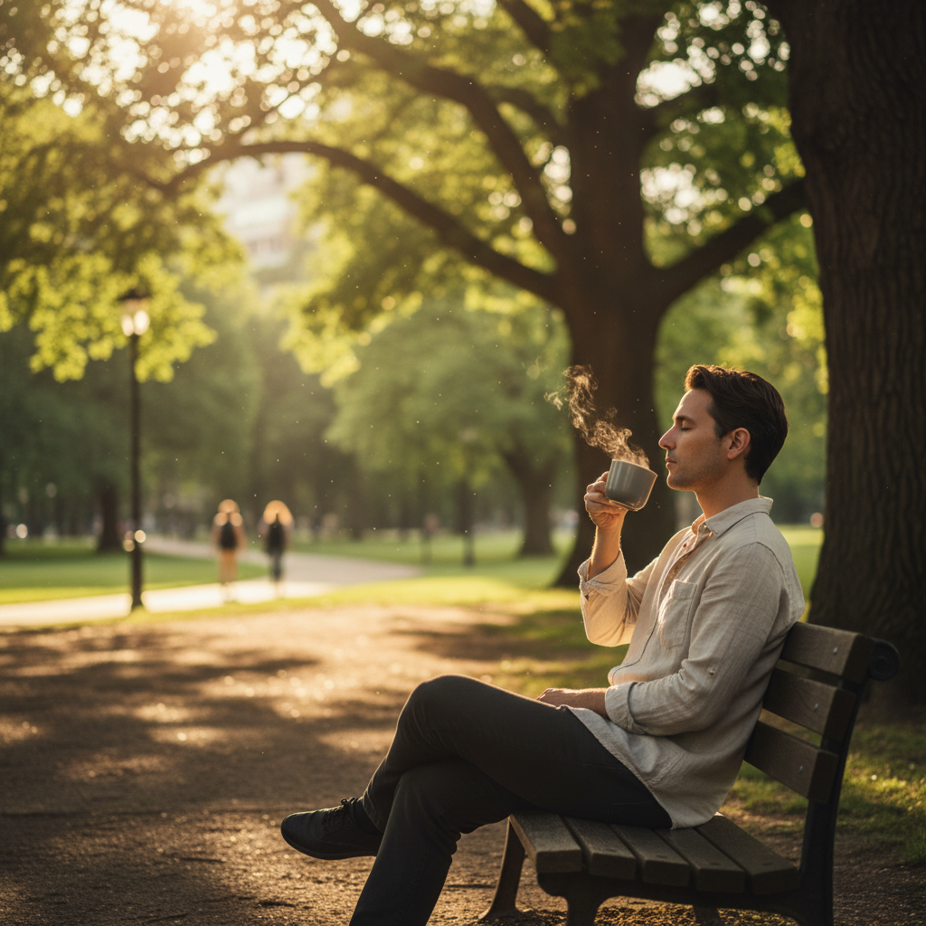 Burnout Treatment in the UAE: Your Complete Recovery Plan. A person sitting on a park bench, sipping from a steaming mug, surrounded by lush green trees and bathed in warm sunlight.