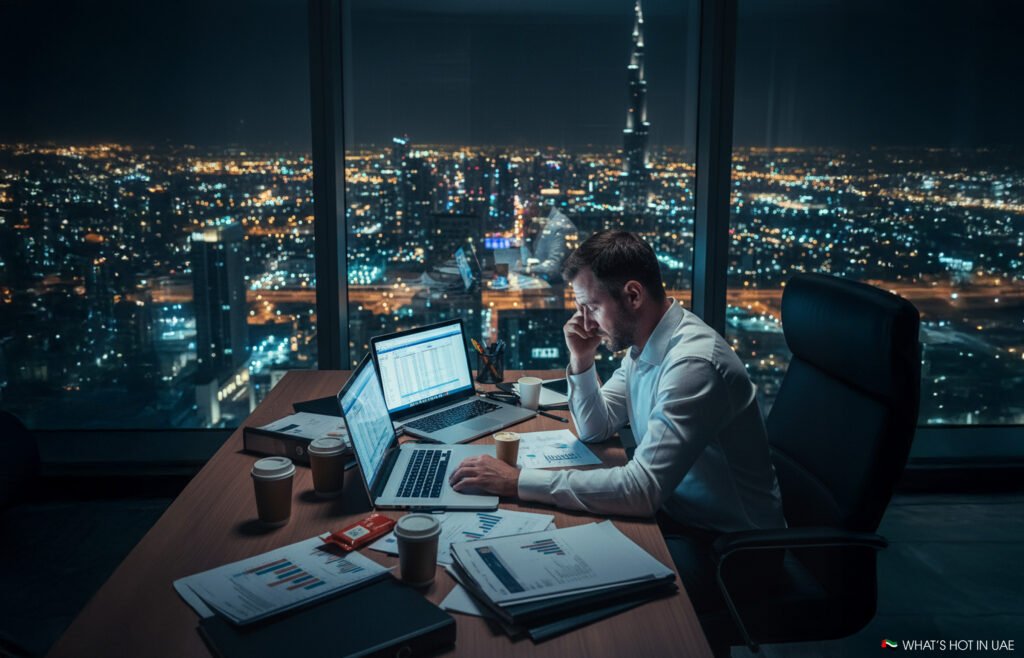 A man in a white shirt working late at night in an office with a city skyline visible through large windows. He is surrounded by papers and open laptops displaying graphs and data. The city lights are visible in the background, suggesting a bustling urban setting.