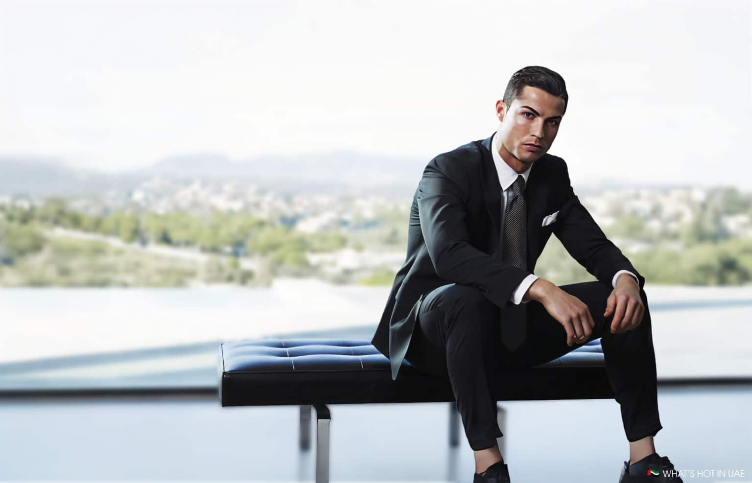 A man in a suit sits on a modern bench in front of a large window with a blurred outdoor view.