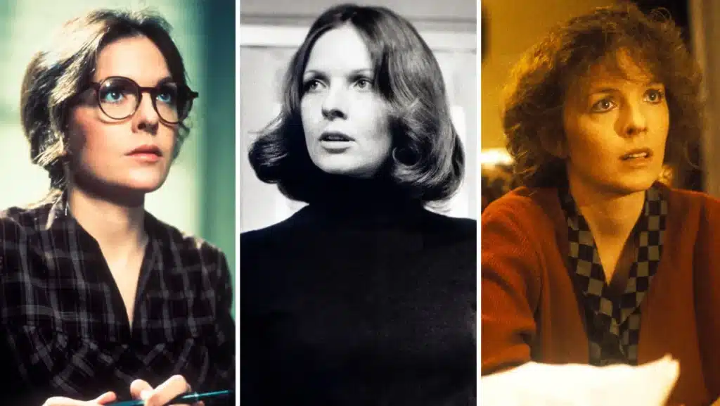 A triptych of three images featuring a woman with different hairstyles and outfits: the left image shows her with glasses and a plaid outfit, the center in black and white with a bob hairstyle, and the right image in color with curly hair and a red sweater.