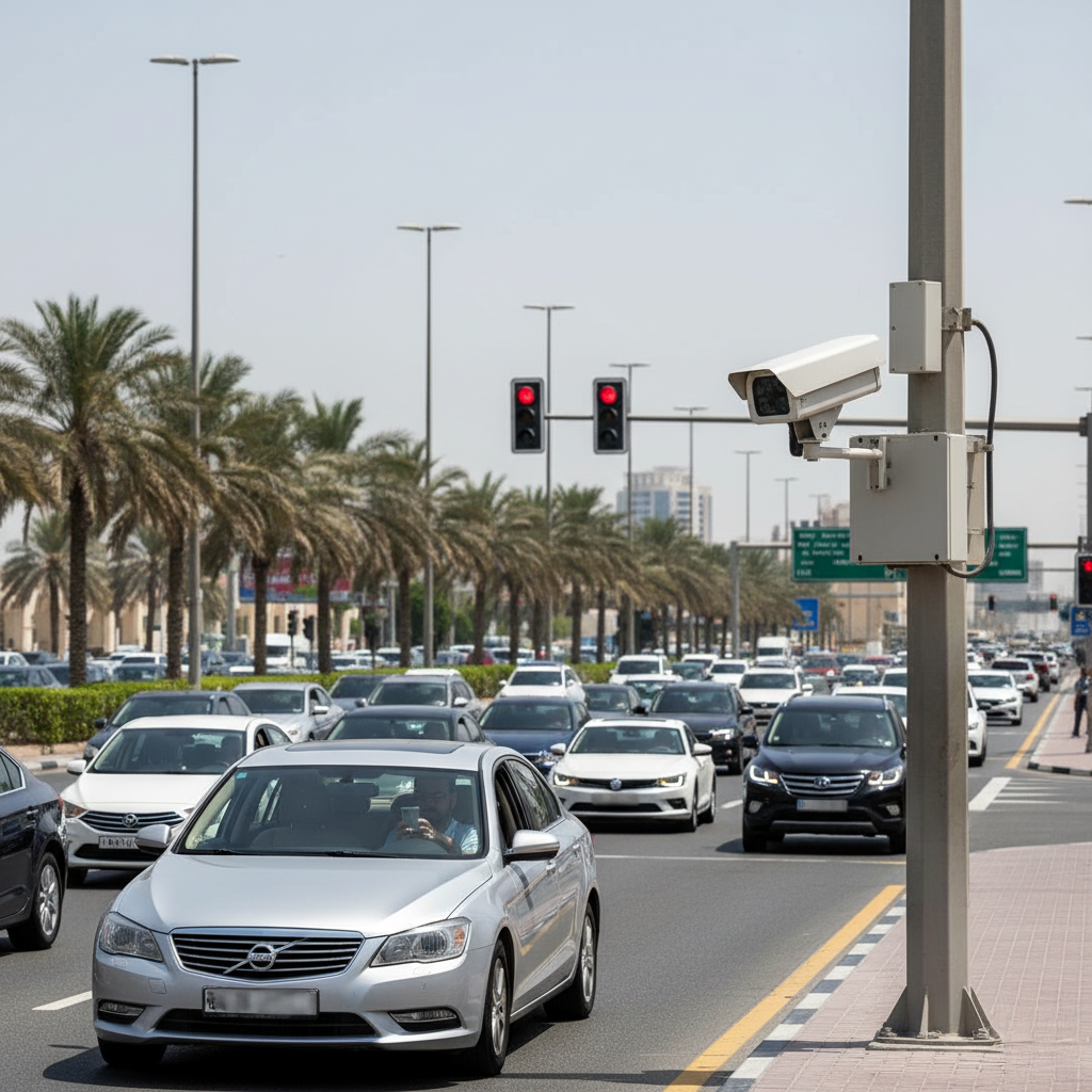 Dubai Police AI Traffic System : A busy city street with multiple lanes of traffic and a CCTV camera mounted on a pole in the foreground. Palm trees line the road, and the traffic lights show red, indicating vehicles stopped on the intersection.