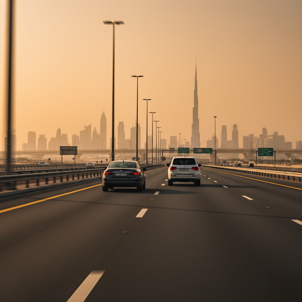 Cars driving on a highway towards a city skyline dominated by a tall skyscraper at sunset, with a warm orange glow.