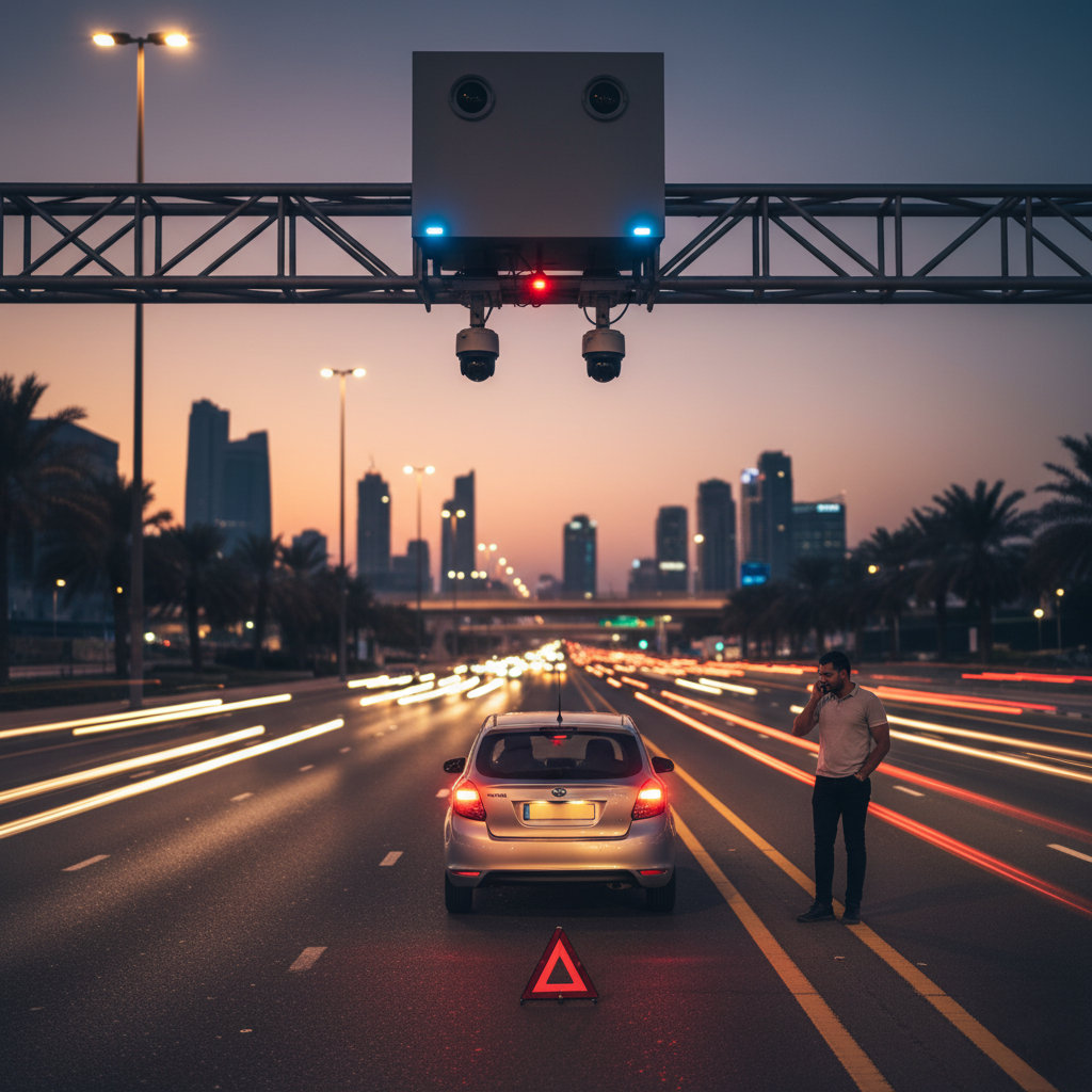 Dubai Police AI Traffic System : A man stands beside a stationary car on a busy highway during sunset, with an emergency warning triangle placed behind the vehicle. A large camera system is mounted above the road, capturing traffic scene, against a backdrop of a city skyline and palm trees.