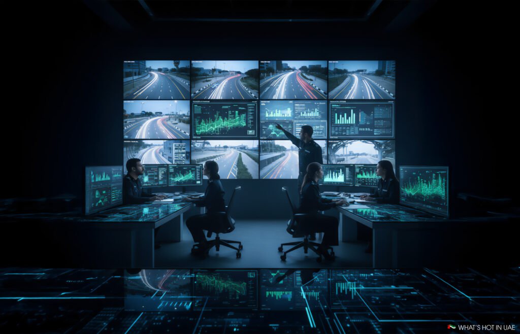 A modern control room with multiple large screens displaying highway traffic footage and data graphs. Five individuals are seated at workstations, focusing on the screens, while one person points at the wall display, indicating a data point or image. The room is dimly lit with a futuristic blue tone, emphasizing a high-tech environment.