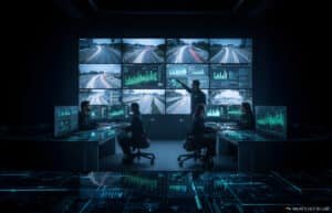 A modern control room with multiple large screens displaying highway traffic footage and data graphs. Five individuals are seated at workstations, focusing on the screens, while one person points at the wall display, indicating a data point or image. The room is dimly lit with a futuristic blue tone, emphasizing a high-tech environment.