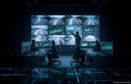A modern control room with multiple large screens displaying highway traffic footage and data graphs. Five individuals are seated at workstations, focusing on the screens, while one person points at the wall display, indicating a data point or image. The room is dimly lit with a futuristic blue tone, emphasizing a high-tech environment.