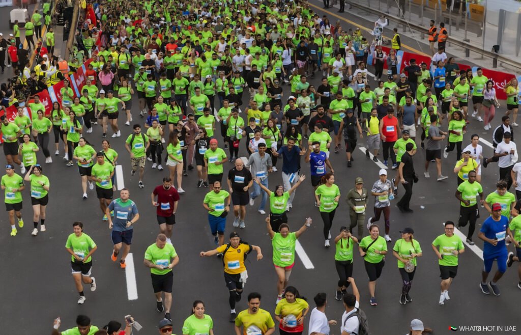 A large group of runners participating in a race, many wearing green shirts, on a wide road lined with barriers. The event appears well-attended, with diverse participants of various ages.