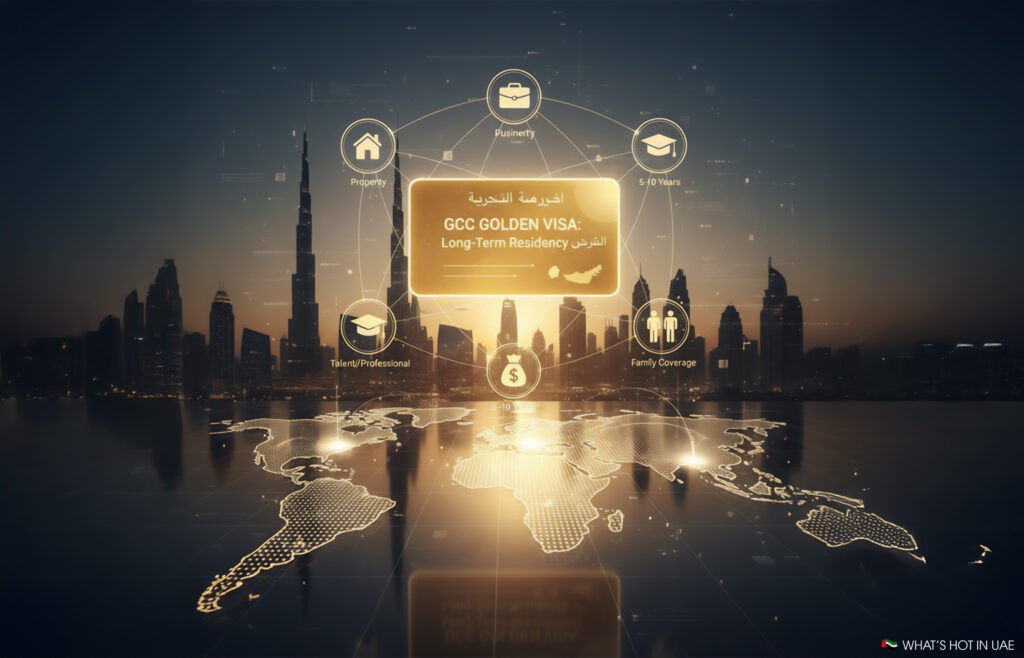 A digital illustration featuring the UAE skyline at dusk with icons representing the GCC Golden Visa program. Highlights include a central gold card labeled 'GCC GOLDEN VISA: Long-Term Residency,' surrounded by icons for property, talent/professional, family coverage, and duration (5-10 years). A world map is displayed at the bottom.