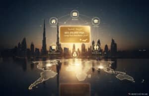 A digital illustration featuring the UAE skyline at dusk with icons representing the GCC Golden Visa program. Highlights include a central gold card labeled 'GCC GOLDEN VISA: Long-Term Residency,' surrounded by icons for property, talent/professional, family coverage, and duration (5-10 years). A world map is displayed at the bottom.