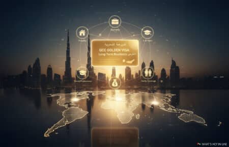 A digital illustration featuring the UAE skyline at dusk with icons representing the GCC Golden Visa program. Highlights include a central gold card labeled 'GCC GOLDEN VISA: Long-Term Residency,' surrounded by icons for property, talent/professional, family coverage, and duration (5-10 years). A world map is displayed at the bottom.