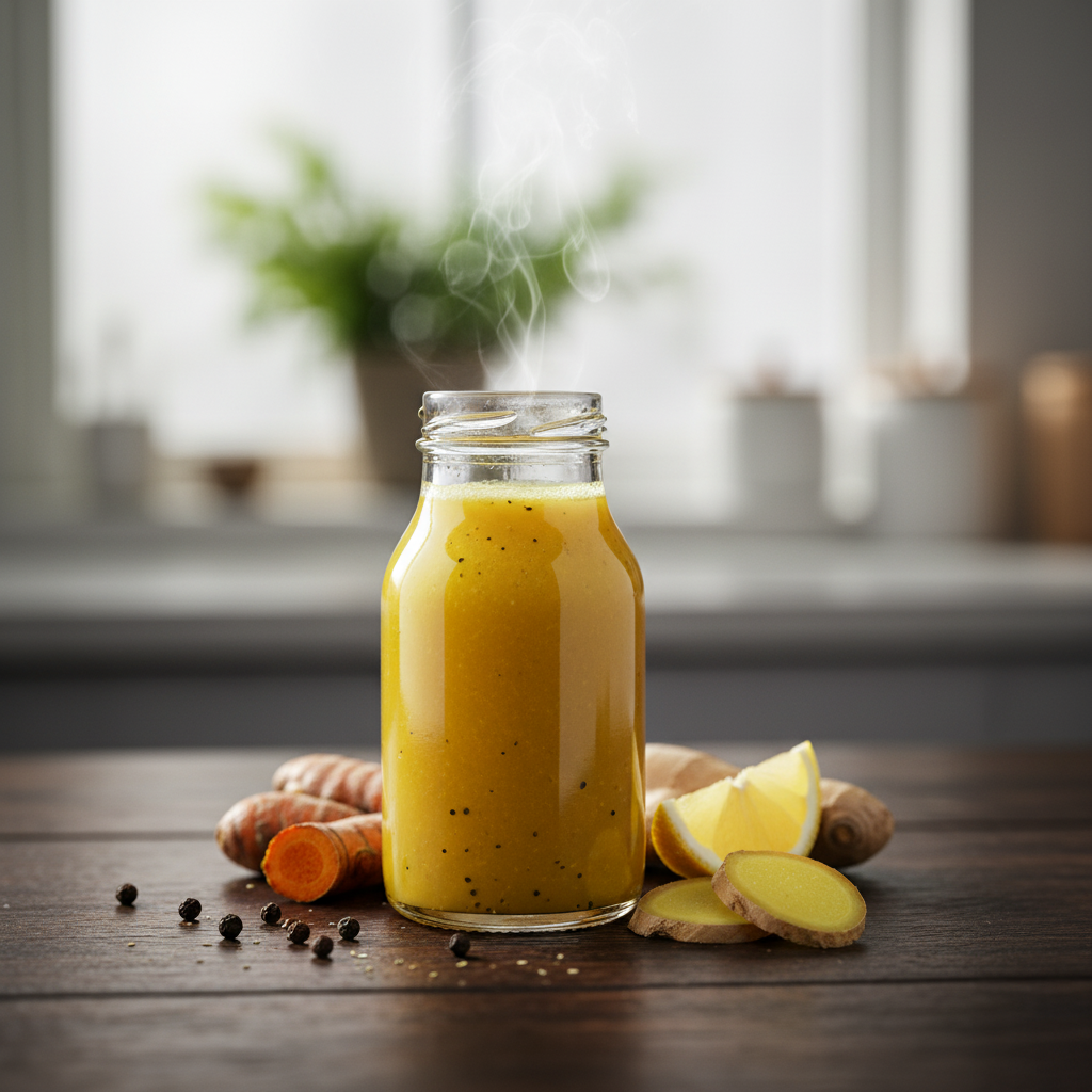 A steaming jar of golden milk on a wooden table surrounded by ingredients like turmeric, ginger slices, lemon, and black pepper, with a blurred background featuring a small green plant and a window.
