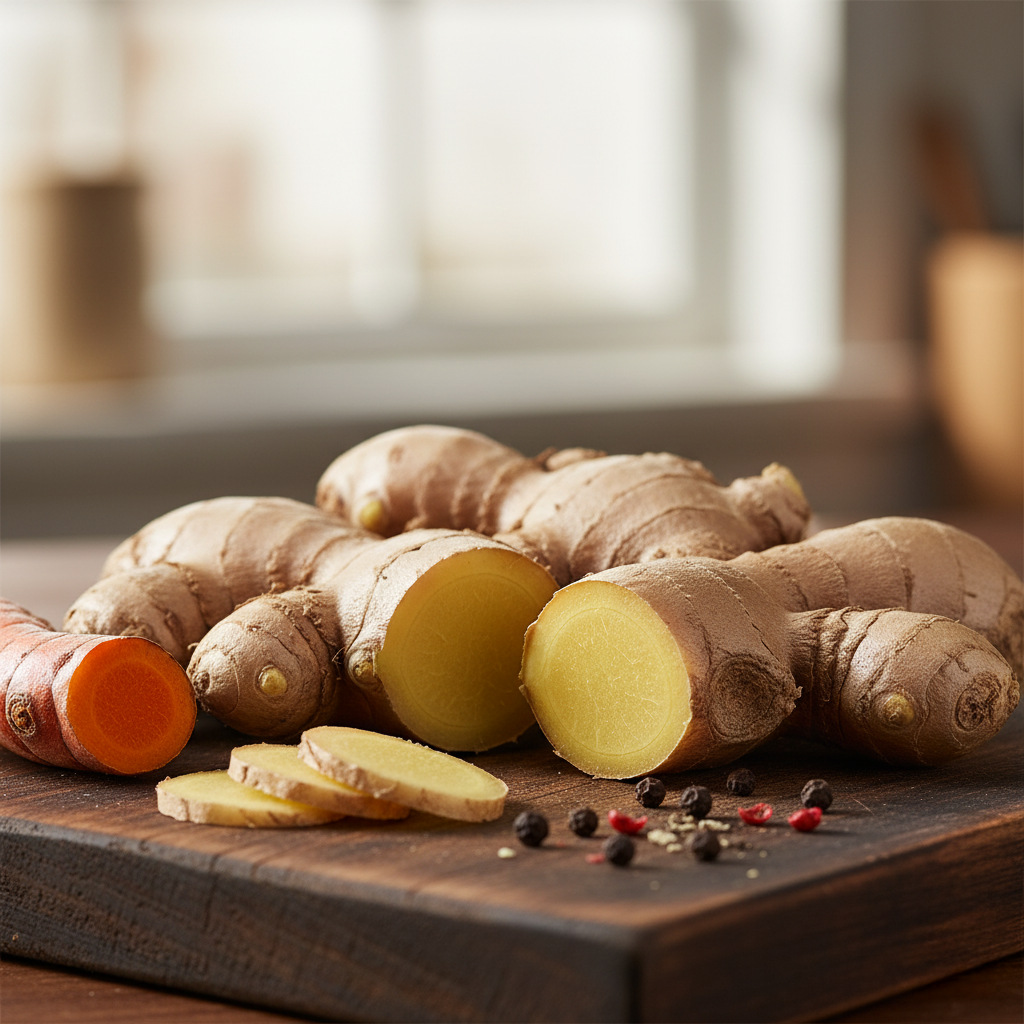 Slices of fresh ginger and turmeric roots with whole peppercorns on a wooden cutting board in a bright kitchen setting.