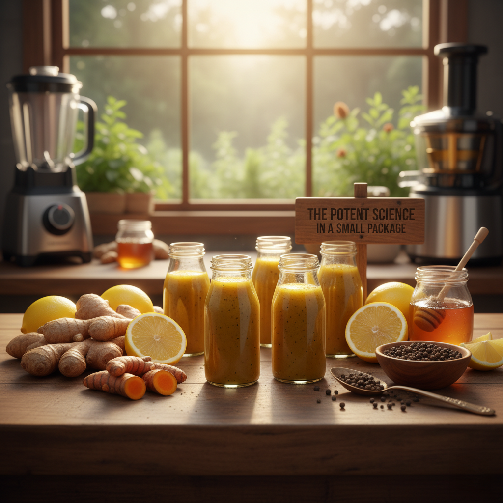 A wooden table with bottles of turmeric and lemon juice, alongside fresh turmeric, lemon slices, honey jar, and peppercorns. A sign reads "The potent science in a small package," with a blender and juicer in the background near a window with plants.