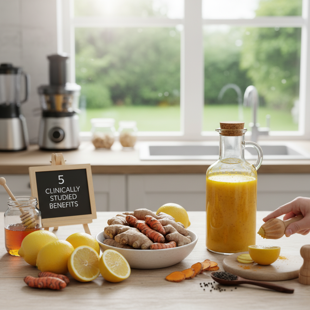 A kitchen counter with a glass bottle of turmeric juice, surrounded by a bowl of fresh turmeric roots, lemons, a jar of honey, and a small chalkboard sign reading '5 clinically studied benefits'.