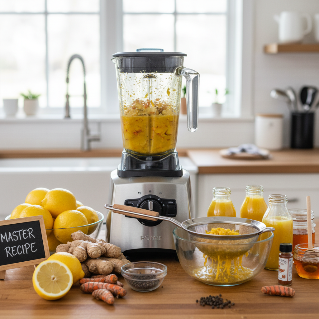 A kitchen scene featuring a blender filled with yellow and orange ingredients, surrounded by lemons, ginger, turmeric, and various spices. A strainer rests over a glass bowl, indicating preparation or straining of a juice or smoothie. Several bottles filled with orange liquid are visible in the background, alongside a small chalkboard sign reading 'Master Recipe.' The setting is a bright kitchen with a view of a window and a countertop filled with ingredients.
