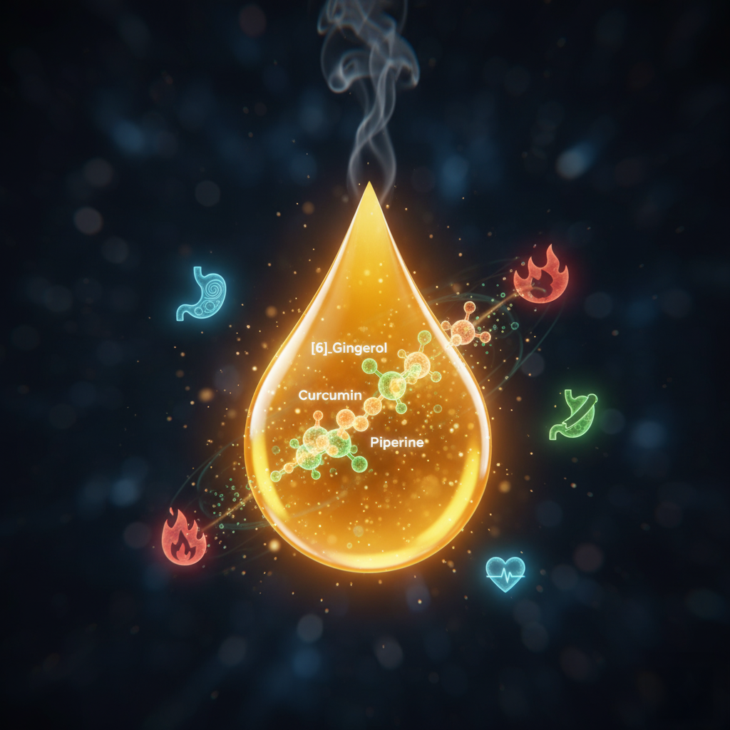 Illustration of a glowing orange droplet labeled with molecules: [6]-Gingerol, Curcumin, and Piperine. Surrounding icons include a stomach, heart, flame, and green leaf symbolizing health effects. Smoke rises from the top, set against a dark background.