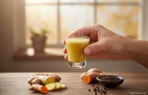 A hand holding a steaming glass of golden turmeric and ginger shot on a wooden table, surrounded by fresh ginger, turmeric root, and whole black peppercorns.