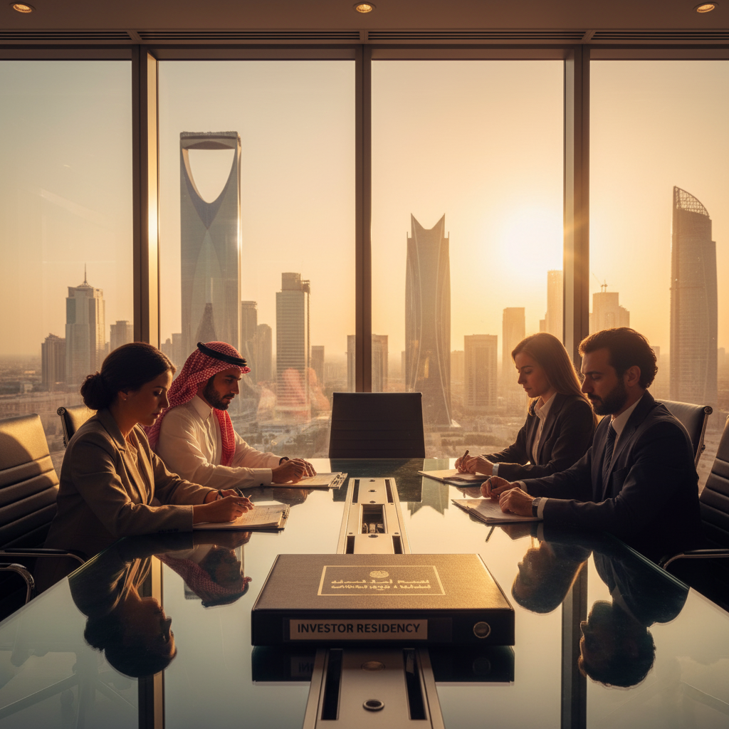 GCC Golden Visa: Four businesspeople sitting at a conference table in a high-rise office at sunset, with a panoramic view of a modern city skyline including distinctive tall buildings. A binder labeled 'Investor Residency' is on the table in the foreground.