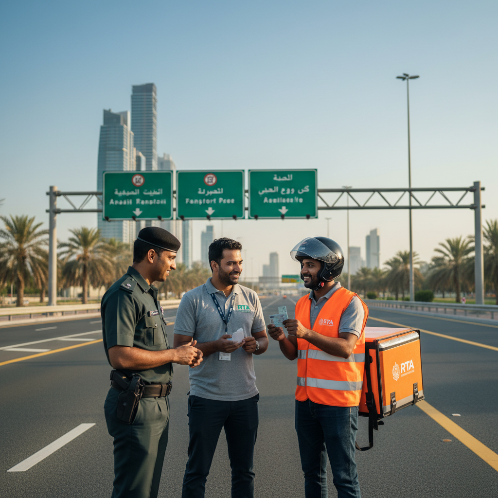 Lane Rules for Delivery Bikes: Three men stand on a road with skyscrapers in the background, one in a police uniform, one in casual attire, and the third in an RTA safety vest and helmet, holding documents.