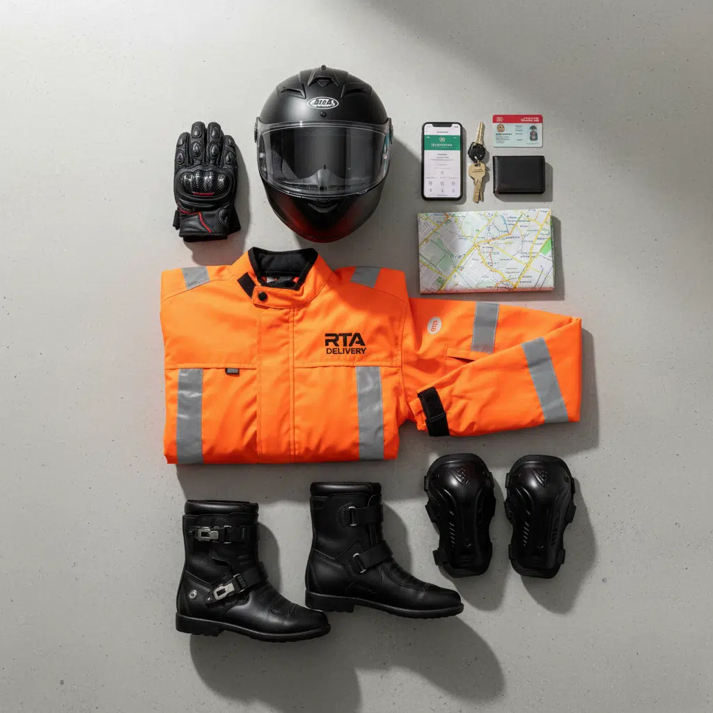 Lane Rules for Delivery Bikes: A flat lay of delivery gear including an orange high-visibility jacket with 'RTA Delivery' printed on it, a black motorcycle helmet, riding gloves, leather boots, knee pads, a smartphone displaying a delivery app, a folded map, a set of keys, and a wallet with an ID card.