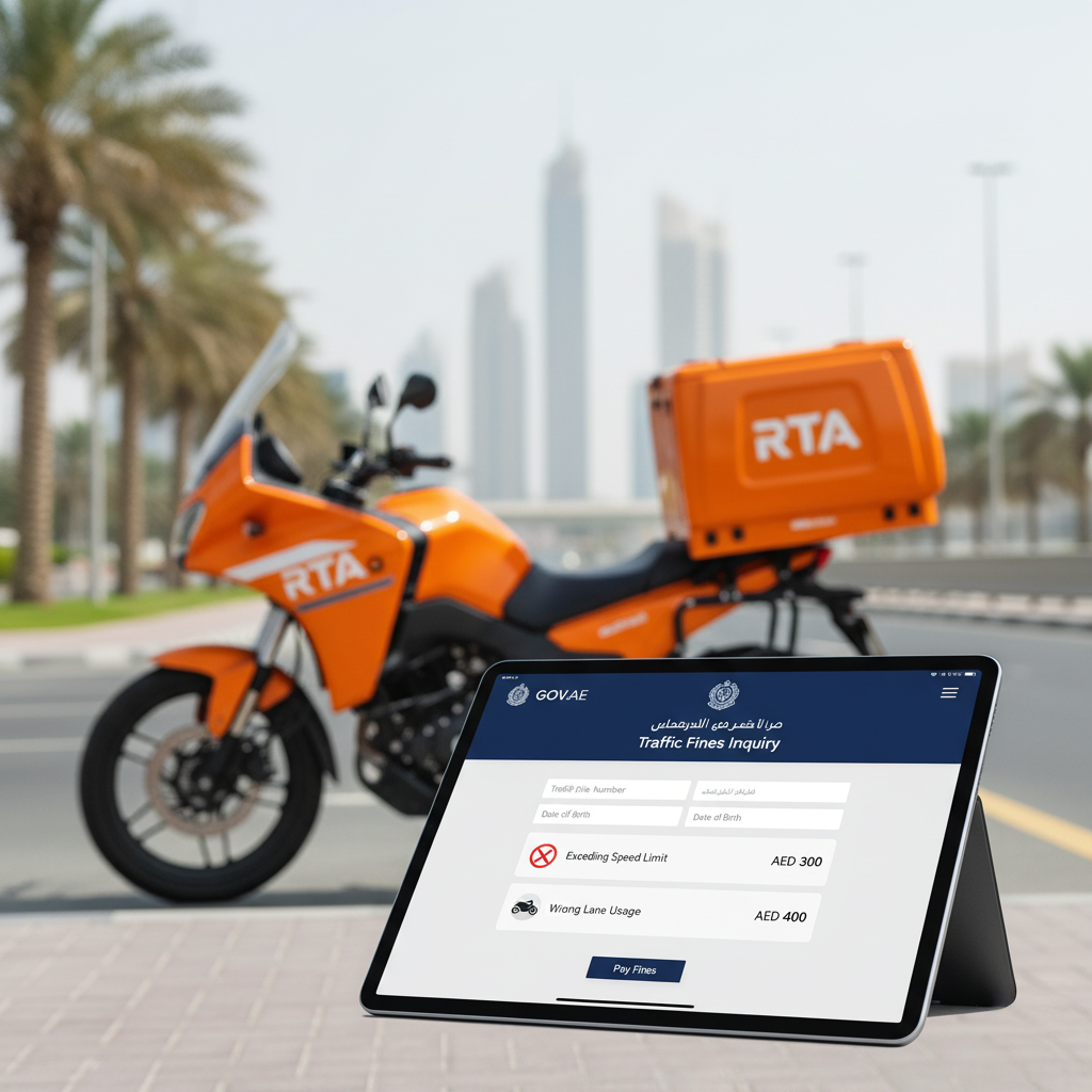 A tablet displaying a traffic fines inquiry page with fines listed in AED (Exceeding Speed Limit - AED 300, Wrong Lane Usage - AED 400) is placed on a sidewalk. In the background, an orange motorcycle labeled 'RTA' is parked on the street with blurred skyscrapers visible in the distance.
