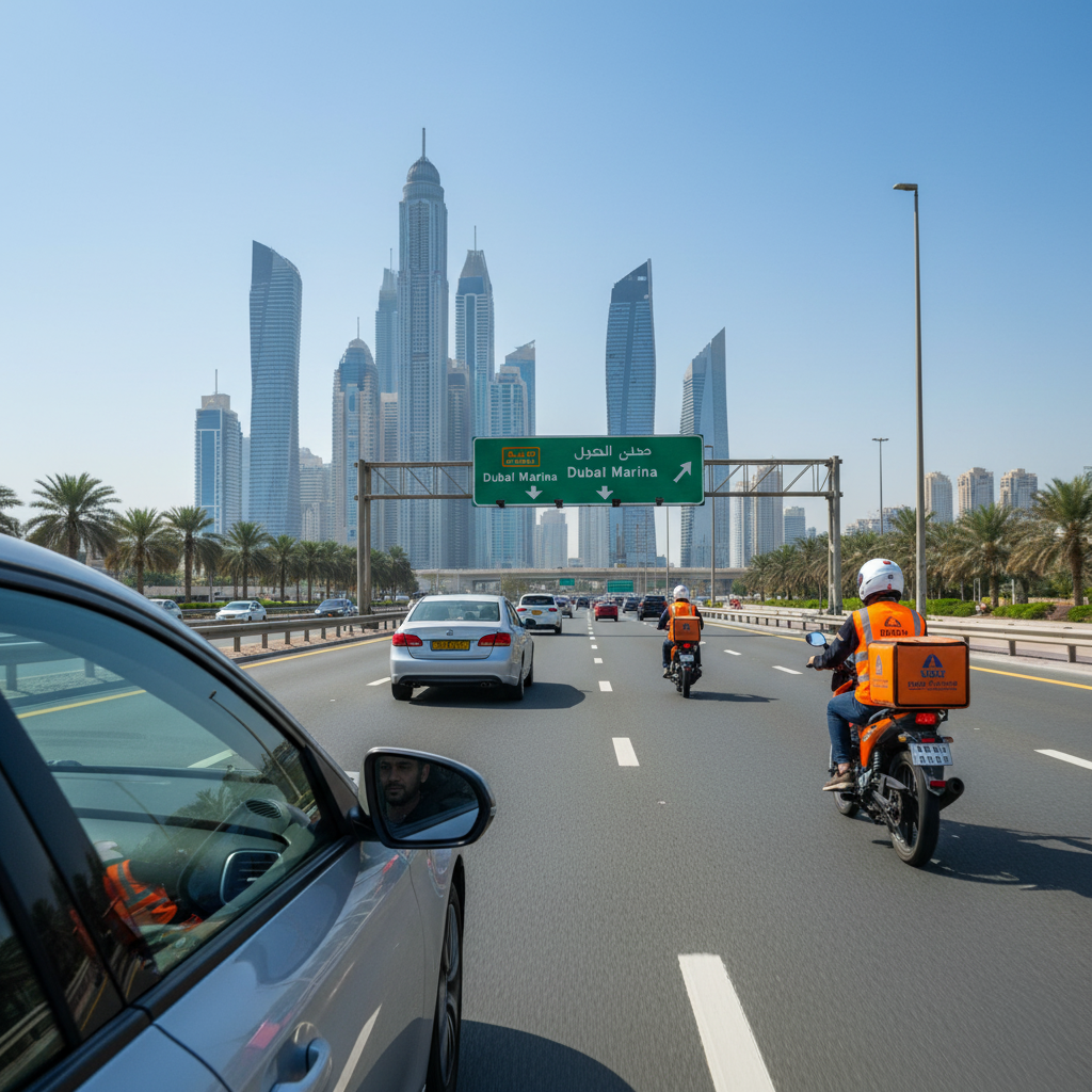 Vehicles driving on a highway toward Dubai Marina with modern skyscrapers in the background and delivery motorcyclists in orange vests and boxes on the road.