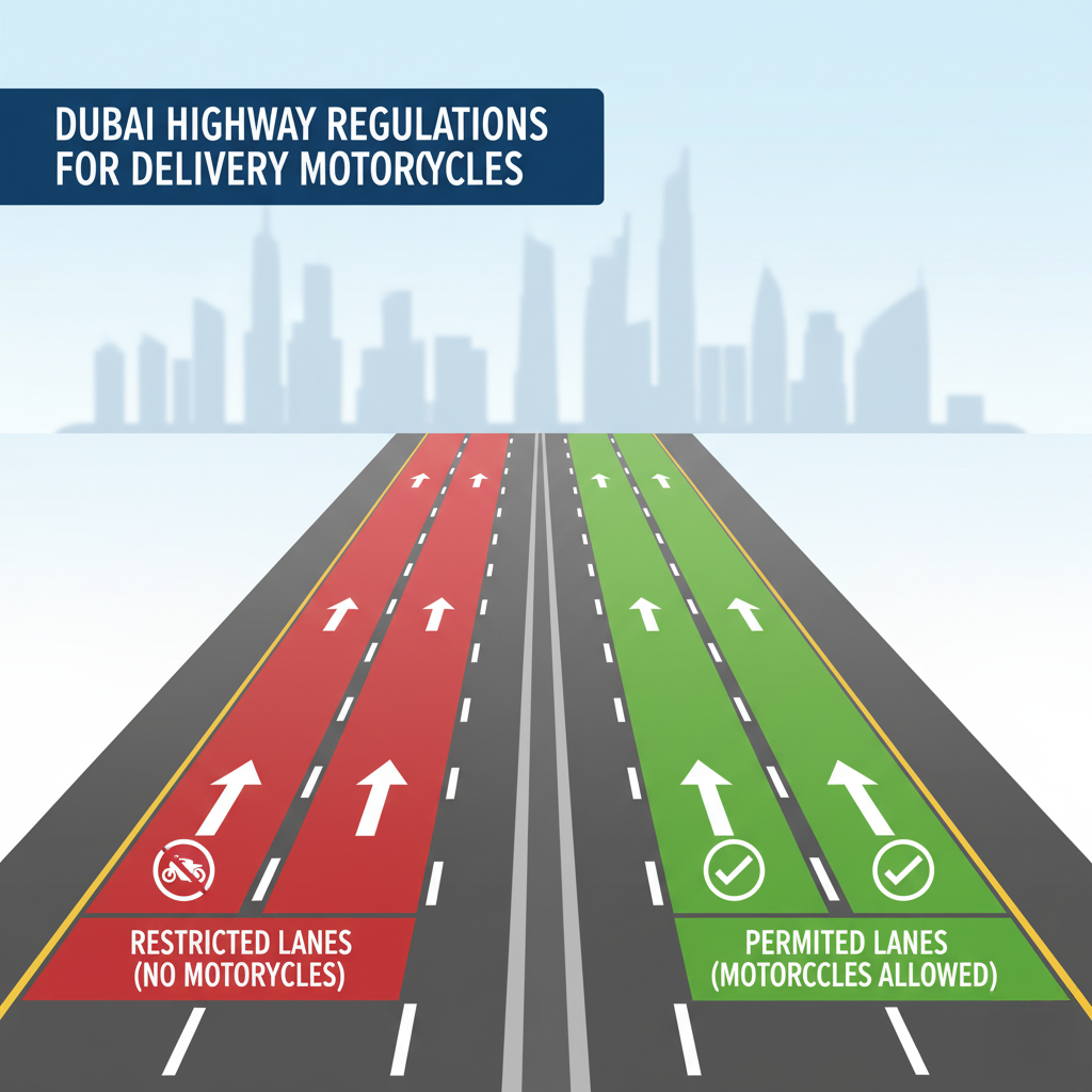 Lane Rules for Delivery Bikes: Diagram illustrating Dubai highway regulations for delivery motorcycles, showing restricted lanes in red where motorcycles are not allowed, and permitted lanes in green where motorcycles are allowed, with arrows indicating direction and icons clarifying lane usage.
