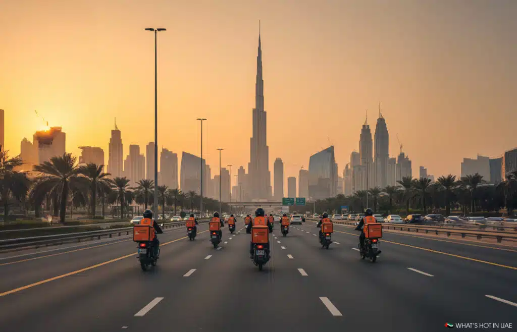 A group of delivery motorbikes traveling on a highway with the downtown Dubai skyline, including the Burj Khalifa, in the background at sunset.