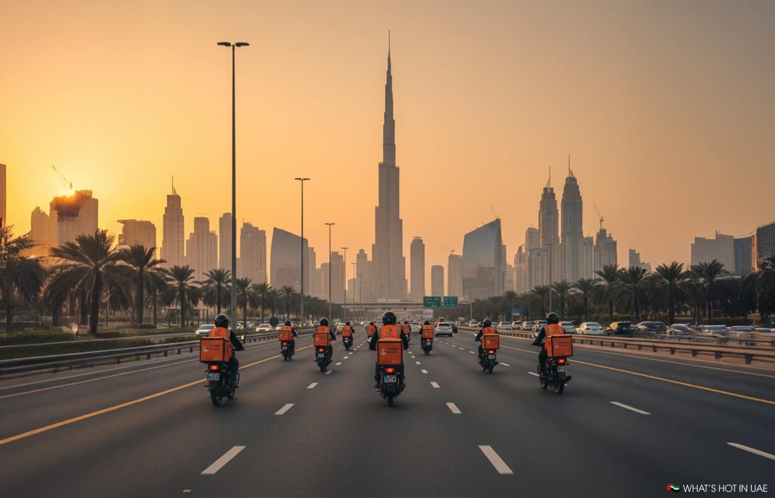 A group of delivery motorbikes traveling on a highway with the downtown Dubai skyline, including the Burj Khalifa, in the background at sunset.