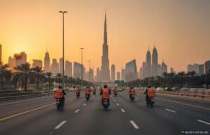 A group of delivery motorbikes traveling on a highway with the downtown Dubai skyline, including the Burj Khalifa, in the background at sunset.