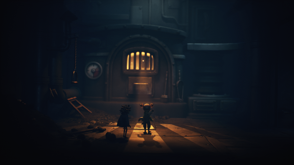 Two small, animated characters with shadowy outlines stand in front of a large, dimly lit furnace door inside an industrial environment, with pipes and a rope hanging nearby. Little Nightmares 3 gameplay.