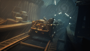 Two animated characters sitting on an open train cart, surrounded by large sacks, on a roller coaster-like track in a rainy and dimly lit environment.