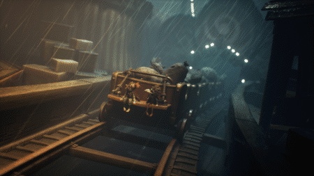 Two animated characters sitting on an open train cart, surrounded by large sacks, on a roller coaster-like track in a rainy and dimly lit environment.