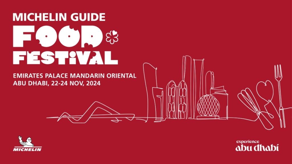 Poster for the Michelin Guide Food Festival at Emirates Palace Mandarin Oriental, Abu Dhabi, from November 22 to 24, 2024, featuring red background and line drawings of kitchen utensils and buildings.