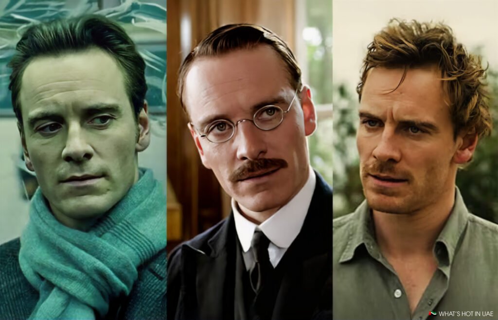 Triptych featuring the same man with different looks: left, wearing a gray scarf and coat; center, wearing round glasses and a suit with a mustache; right, in a casual green shirt with messy hair.