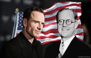 An image showing a Michael Fassbender in a black suit next to a black and white photo of Joseph Kennedy with glasses, both in front of a waving American flag backdrop.