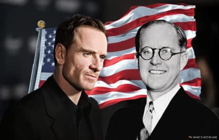 An image showing a Michael Fassbender in a black suit next to a black and white photo of Joseph Kennedy with glasses, both in front of a waving American flag backdrop.