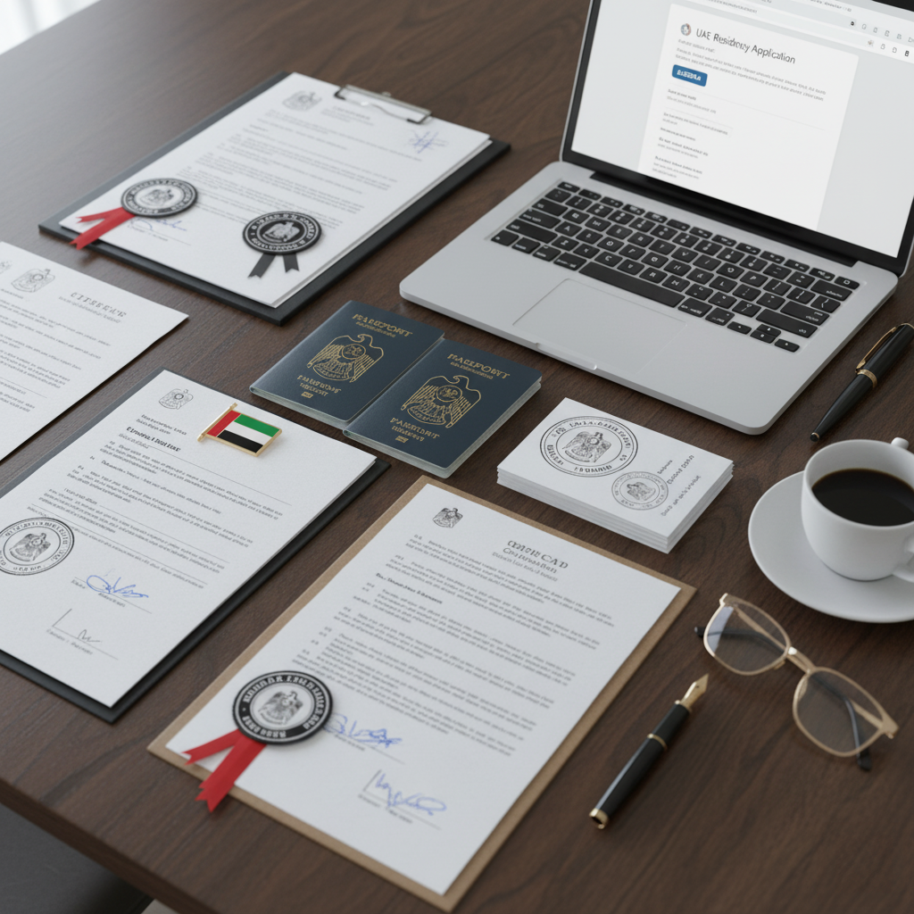 A neatly organized desk displaying official documents, two UAE passports, a stack of business cards with the UAE emblem, and a laptop showing a UAE residency application page. Also on the desk are a cup of coffee, a pair of eyeglasses, black pens, and a UAE flag lapel pin.