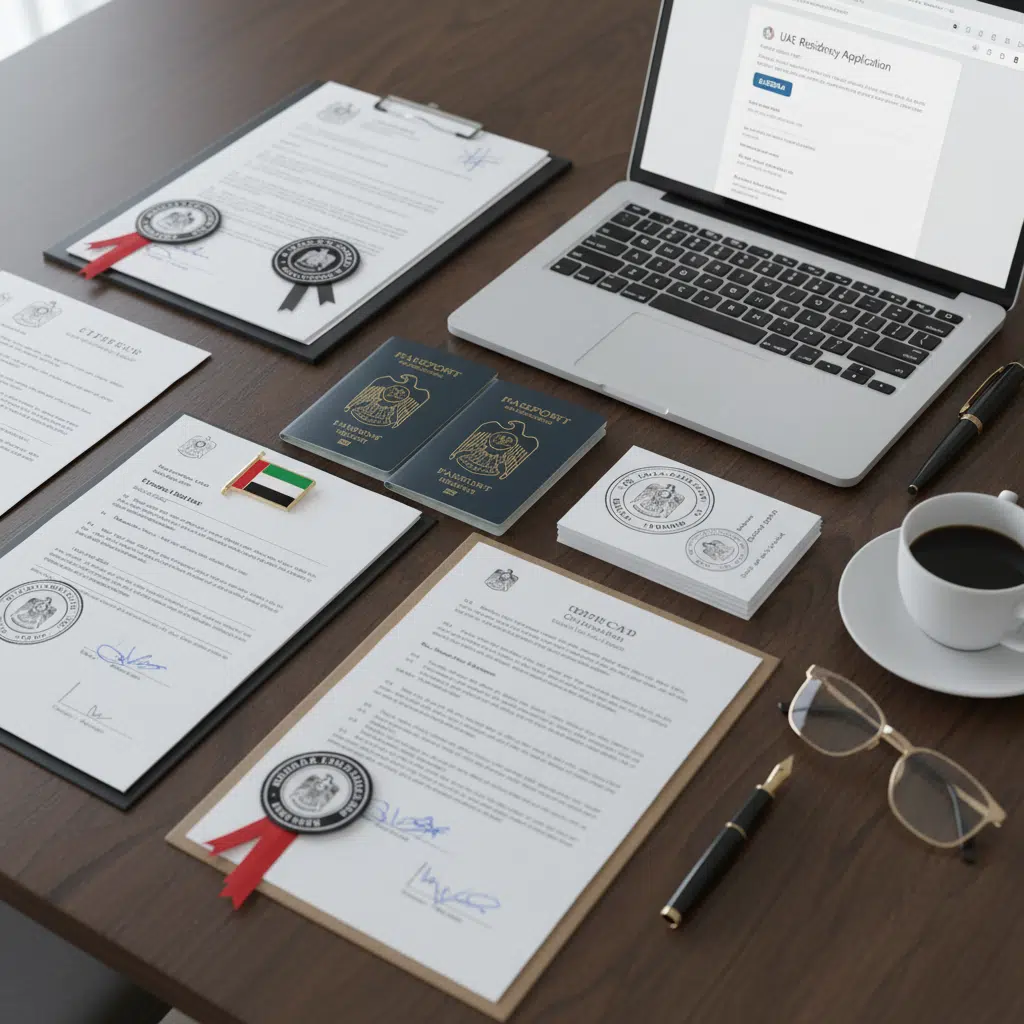 A neatly organized desk displaying official documents, two UAE passports, a stack of business cards with the UAE emblem, and a laptop showing a UAE residency application page. Also on the desk are a cup of coffee, a pair of eyeglasses, black pens, and a UAE flag lapel pin.